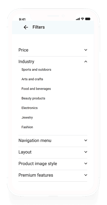 Image showcasing the different filter options on mobile for the theme store. The mobile filter page comes in a modal format and is not embedded in the page th way it is on desktop